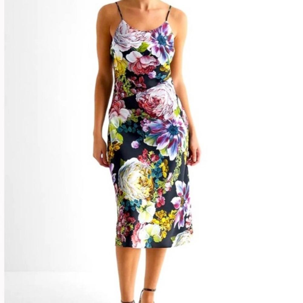 NWT Express Sz XS Cocktail Floral Satin Scoop Neck Downtown Cami Midi Slip Dress